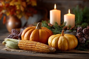 Pumpkins corn  candles adorn a rustic wooden table evoking a harvest or autumnal scene Pine sprigs  cones add texture