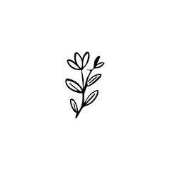 Simple black line drawing of a stylized flower and leaves