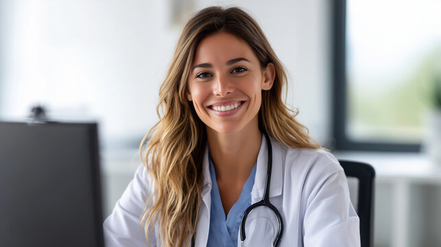 Smiling female doctor wearing a white coat and stethoscope, seated at her desk during a virtual consultation in a modern medical office, symbolizing professional healthcare and digital communication