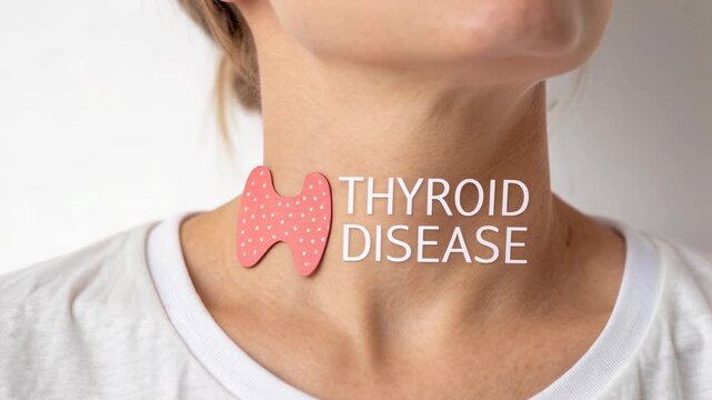 Thyroid disease and gland health problem on womans neck, medical concept illustrating hormone imbalance, illness awareness, goiter, hyperthyroidism, and hypothyroidism