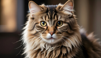 Fototapeta premium Close-up Portrait of a Fluffy Maine Coon Cat with Intense Gaze