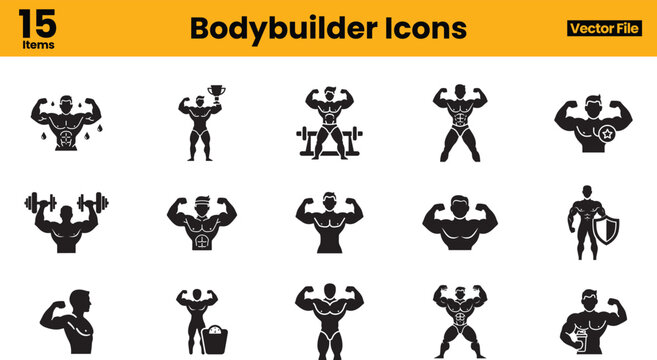 Professional set of 15 black silhouette bodybuilder icons featuring fitness poses, dumbbell lifting, barbell training, and bodybuilding activities.