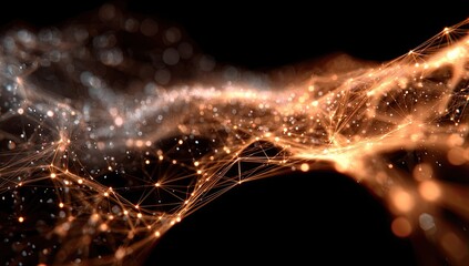 Abstract network of interconnected points, glowing with an orange-gold light against a black background.  Digital design