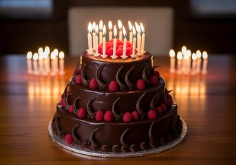 Delicious Chocolate Birthday Cake with Candles.
