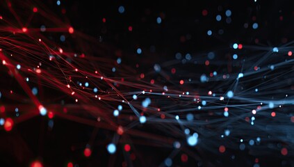 Abstract network of glowing red and blue points and lines on a black background