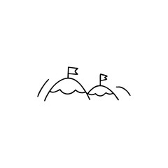 Two simple black line drawings of mountains, each with a small flag on top