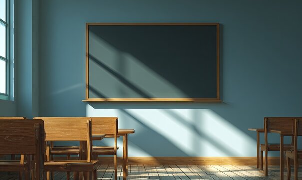 Empty classroom interior with sunlight