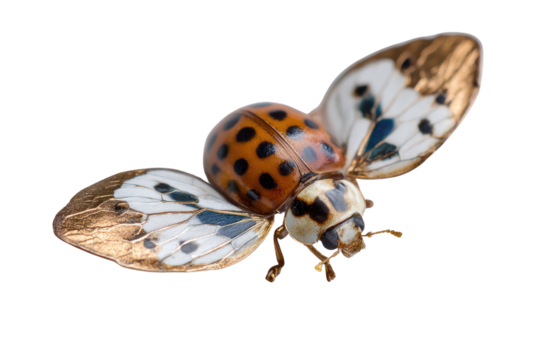 A ladybug with golden-accented wings in flight, showcasing intricate details and vibrant colors. background removed
