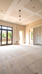 Interior of a house under construction, showing a large room with unfinished walls and ceilings. Sunlight streams in from windows