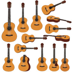 A clean flat 2D vector illustration features a collection of classical guitars, showcasing their elegant forms and warm wooden textures on a crisp white background.