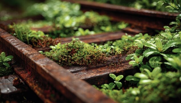 Rusty train tracks overgrown with greenery