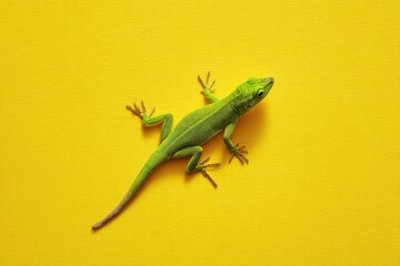 Fototapeta premium A vibrant green lizard on a bright yellow background