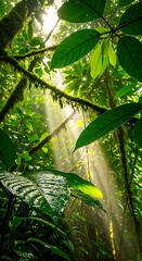Sunlight Filtering Through Lush Tropical Forest Canopy.