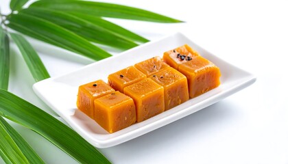 Orange cubes on white dish, tropical leaves