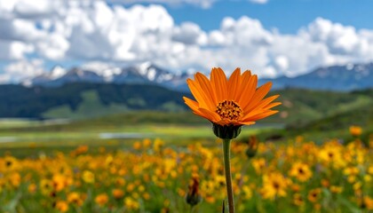 Orange flower in a field of wildflowers, mountains in the background