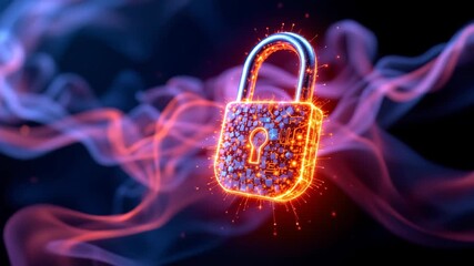 Digital Fortress: A radiant, digitally rendered padlock glows with vibrant orange light against a dark backdrop, symbolizing data security and protection in the digital age. - Powered by Adobe