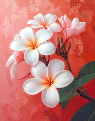 Obraz premium Close-up of delicate, white plumeria flowers against a vibrant coral background