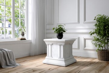 Room with a marble pedestal supporting a potted plant light wood floors and a large window
