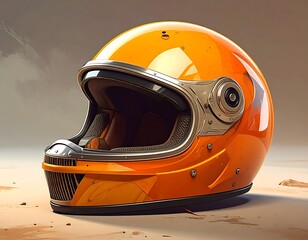 Orange motorcycle helmet on sand