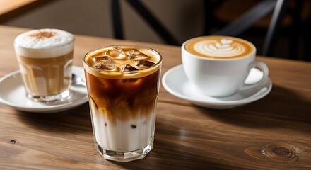 Three Different Coffee Drinks on a Wooden Table.