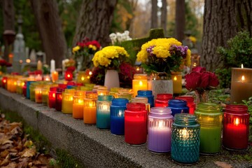Row of colorful jar candles adorns a stone ledge with flowers and trees in the background