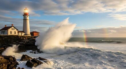 Obraz premium Coastal Lighthouse Wave.