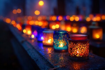 Row of colorful lit candle jars The foreground jar features a red hue and leafshaped cutouts