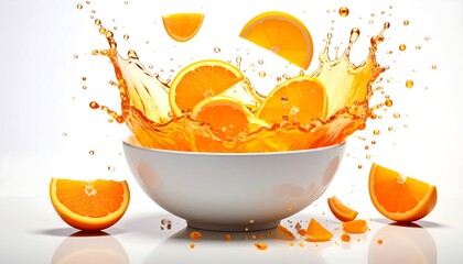 Orange slices and juice splash in a bowl