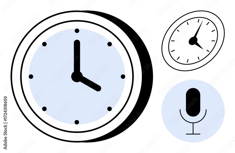 Poster analog clocks in two designs and a microphone suggest time tracking, scheduling, and communication. 