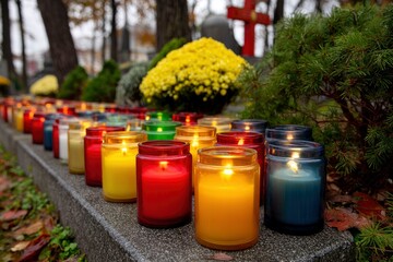 Rows of lit colorful candles in glass jars on a stone ledge possibly at a cemetery with greenery in background