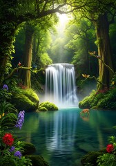 Serene Waterfall in Lush Forest.
