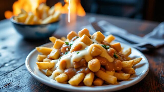 Delectable Poutine Delight: A close-up shot showcases a mouthwatering serving of poutine, a classic dish of golden french fries, cheese curds, and rich gravy.