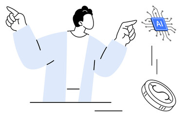 Man gesturing toward an AI chip and a digital currency, representing technology, innovation, and finance. Ideal for artificial intelligence, finance, cryptocurrency, digital transformation