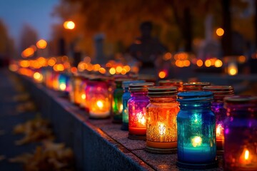 Rows of colorful lit candles in glass jars line a wall casting a warm glow into the nighttime scene