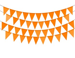 Orange triangular pennants strung in a festive arrangement