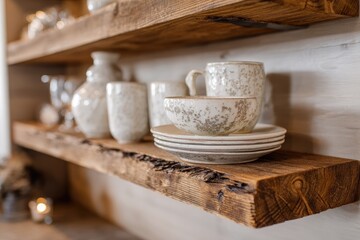 Rustic shelves hold white ceramic tableware spotlighting a stack of plates and a speckled bowl