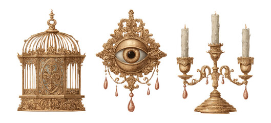 Ornate vintage elements featuring cage, eye motif, and elegant candle holder