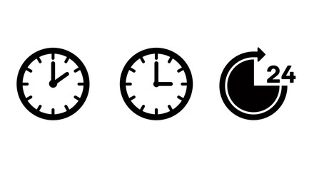 Collection of three simple vector clock icons representing time, including a 24-hour cycle, perfect for graphic design and interface elements.