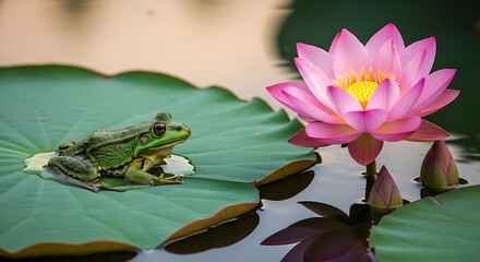 Frog and Lotus Flower in Pond.