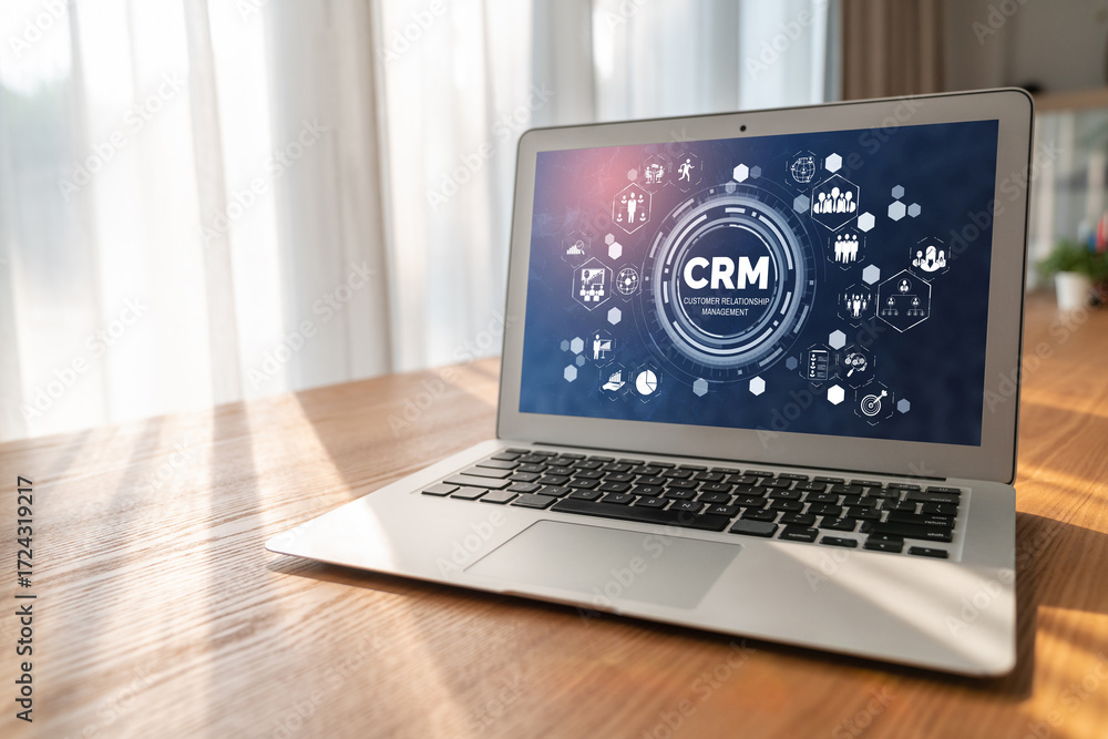 Poster customer relationship management system on modish computer for crm business and enterprise