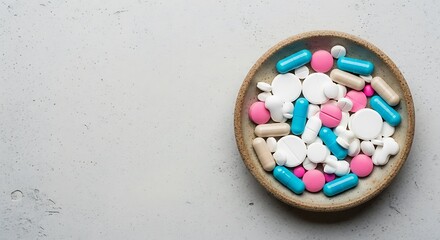 Obraz premium Assorted Pills and Capsules in a Rustic Bowl on a Textured Background