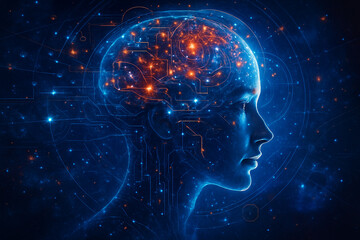 AI generated futuristic artwork of human profile blending with cosmic circuits and glowing data connections symbolizing mind imagination and future intelligence