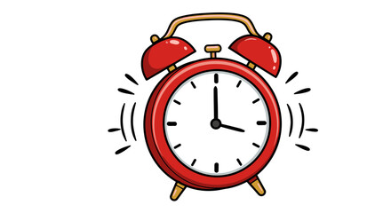 A vibrant red cartoon alarm clock with bells on top is ringing loudly, indicating the start of a new day or an important event.
