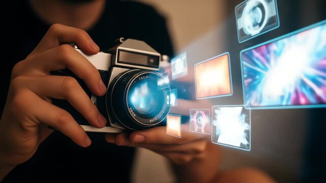 A photographer holds a vintage camera as a stream of futuristic digital photos flows from the lens