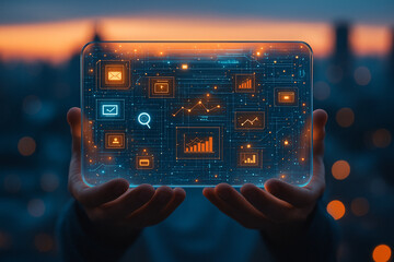 AI generated futuristic digital artwork showing holographic tablet with glowing charts graphs and icons symbolizing technology analytics communication and innovation