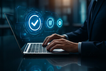 AI generated futuristic digital scene showing businessman using laptop with glowing holographic interface icons for e commerce verification and smart business technology