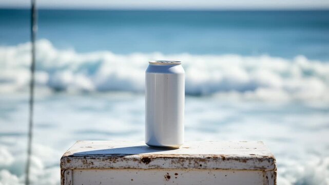 Seaside refreshment: A refreshing beverage can sits poised against a backdrop of azure waves, promising cool respite on a sunny day.