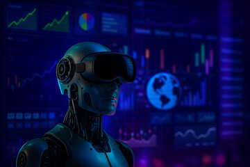 AI generated futuristic robot with VR headset in front of digital data dashboard showing charts maps and analytics glowing in blue and purple cyber atmosphere