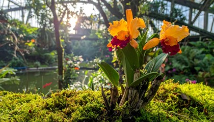 Orchids in a lush greenhouse