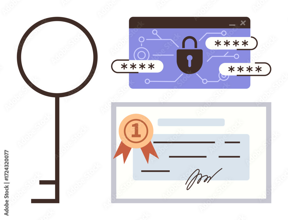 Poster key, web browser with padlock and password fields, and signed certificate with ribbon. ideal for cyb